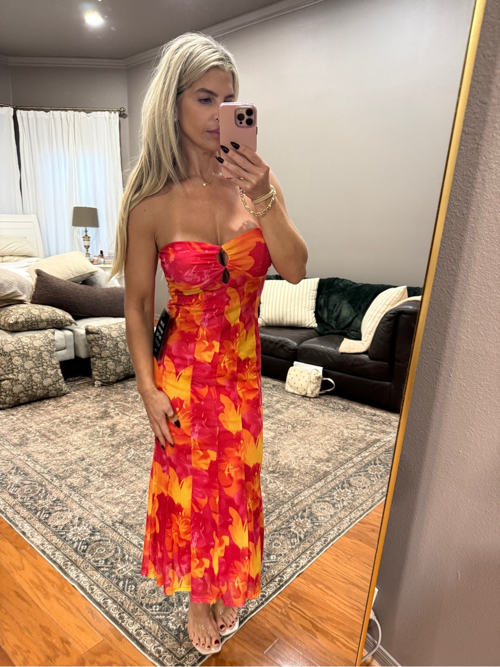 Lulu's Strapless Floral Midi Dress in Red and Yellow